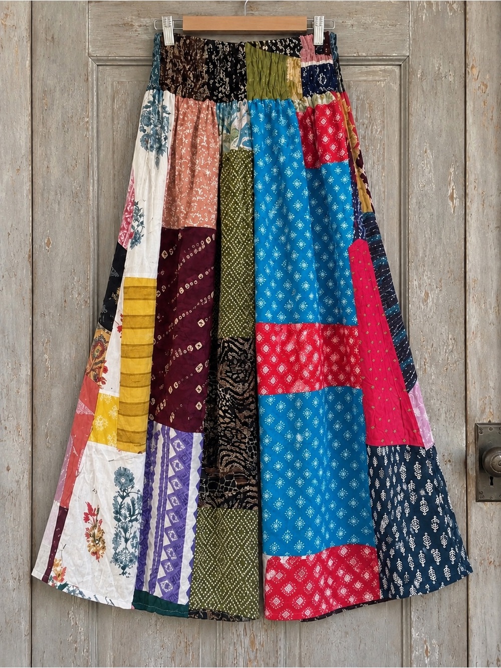 India Boutique Multicolor Patchwork Maxi Skirt with Blue and Red Panels
